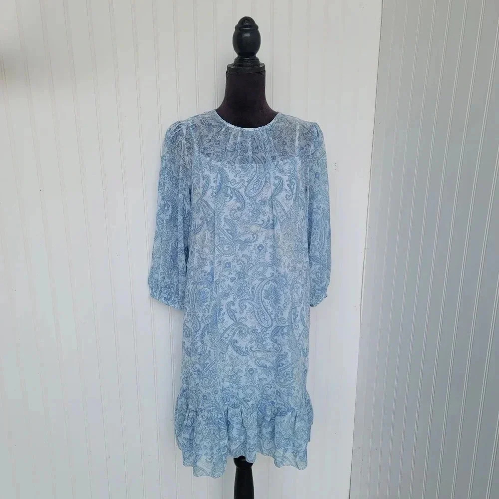 Ann Taylor PAISLEY A LINE TUNIC DRESS Blue White Lightweight Shift 3/4 Slee Sz M